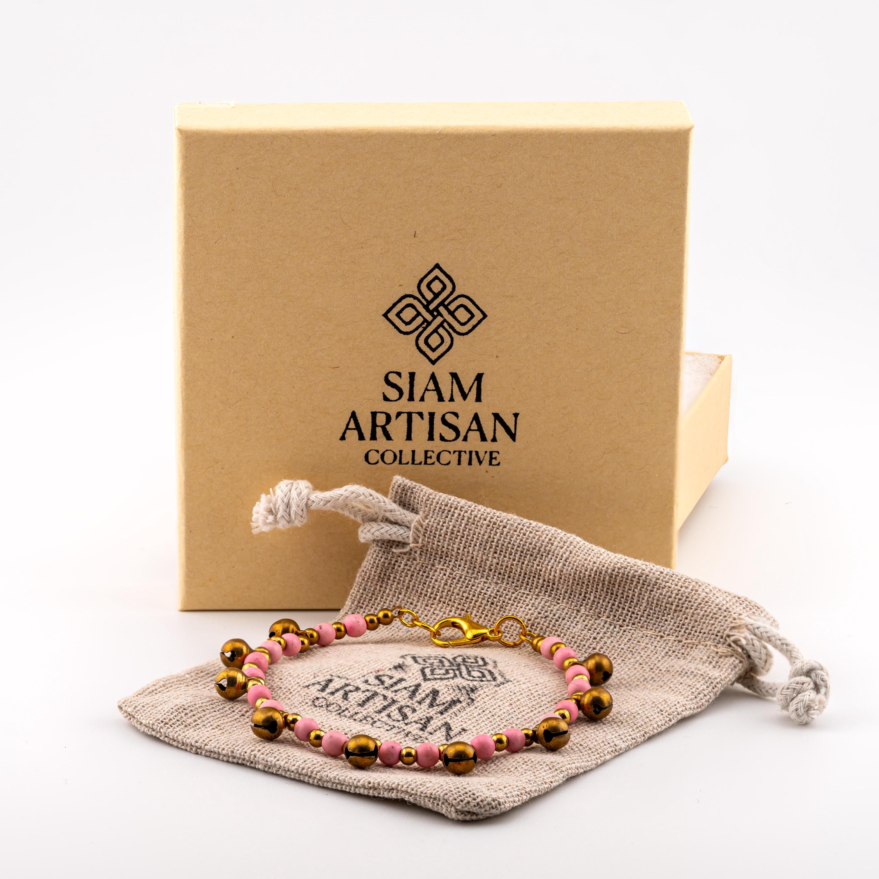 Pink Natural Stone Bracelet for Women, Brass Bell Charm Bracelet, Monk Blessed | Artisan Reverie