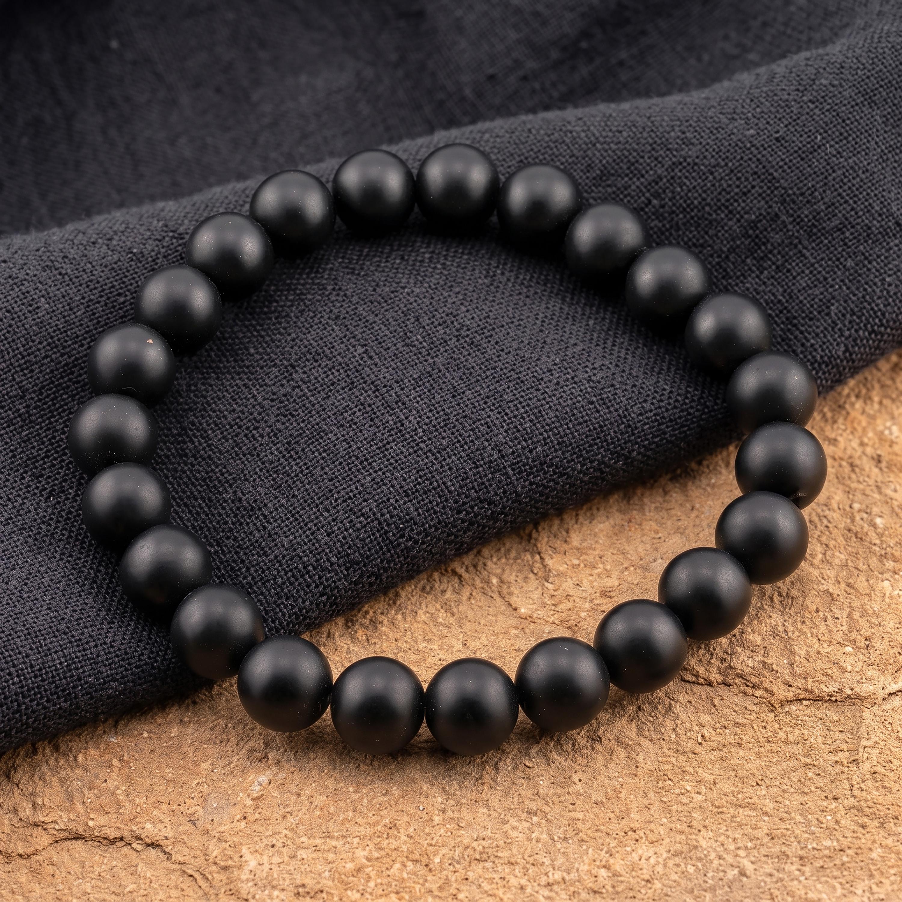 Matte Black Onyx Bracelet for Men, Natural Stone Stretch Bracelet, Monk Blessed | Artisan Equanimity
