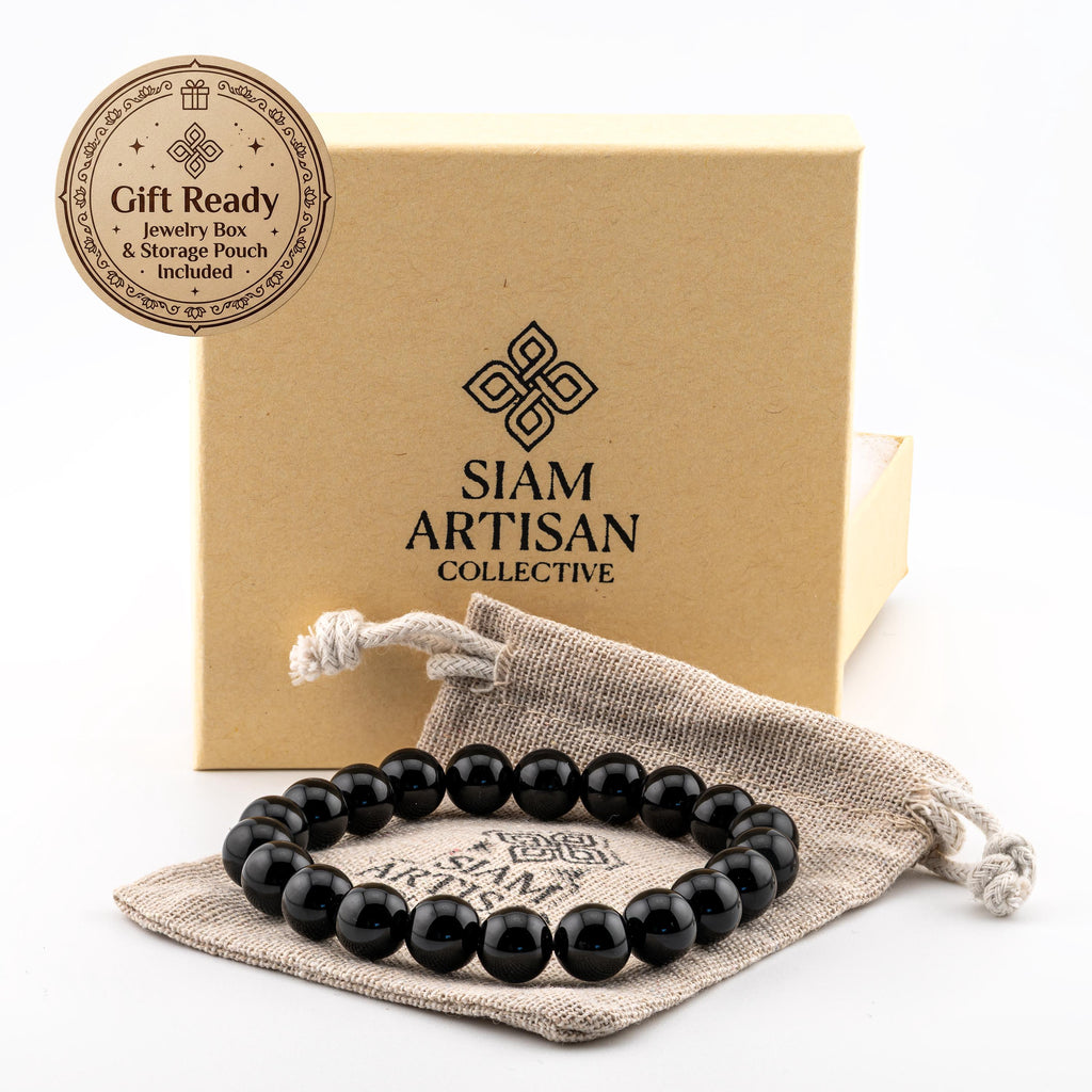 Black Onyx Bracelet for Men, Natural Stone Stretch Bracelet, Monk Blessed | Artisan Sanctuary