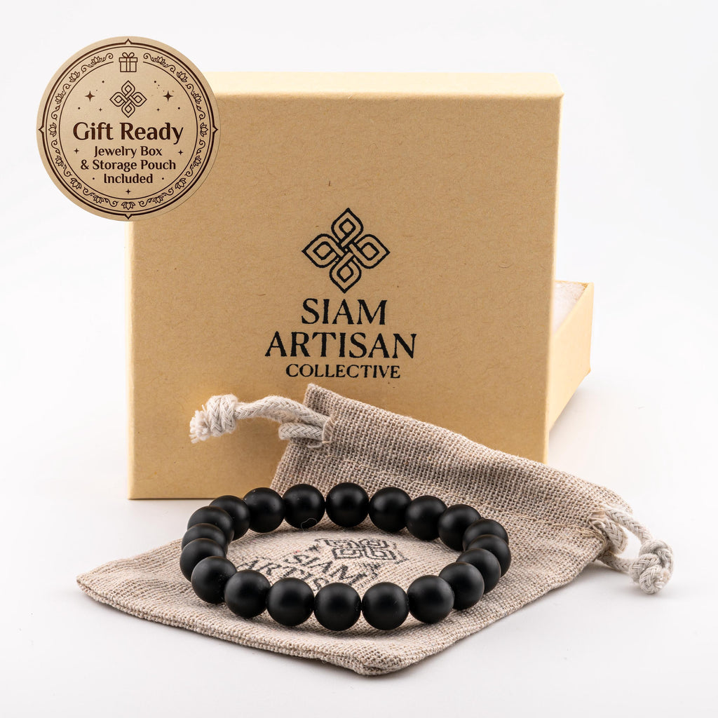 Matte Black Onyx Bracelet for Men, Natural Stone Stretch Bracelet, Monk Blessed | Artisan Equanimity