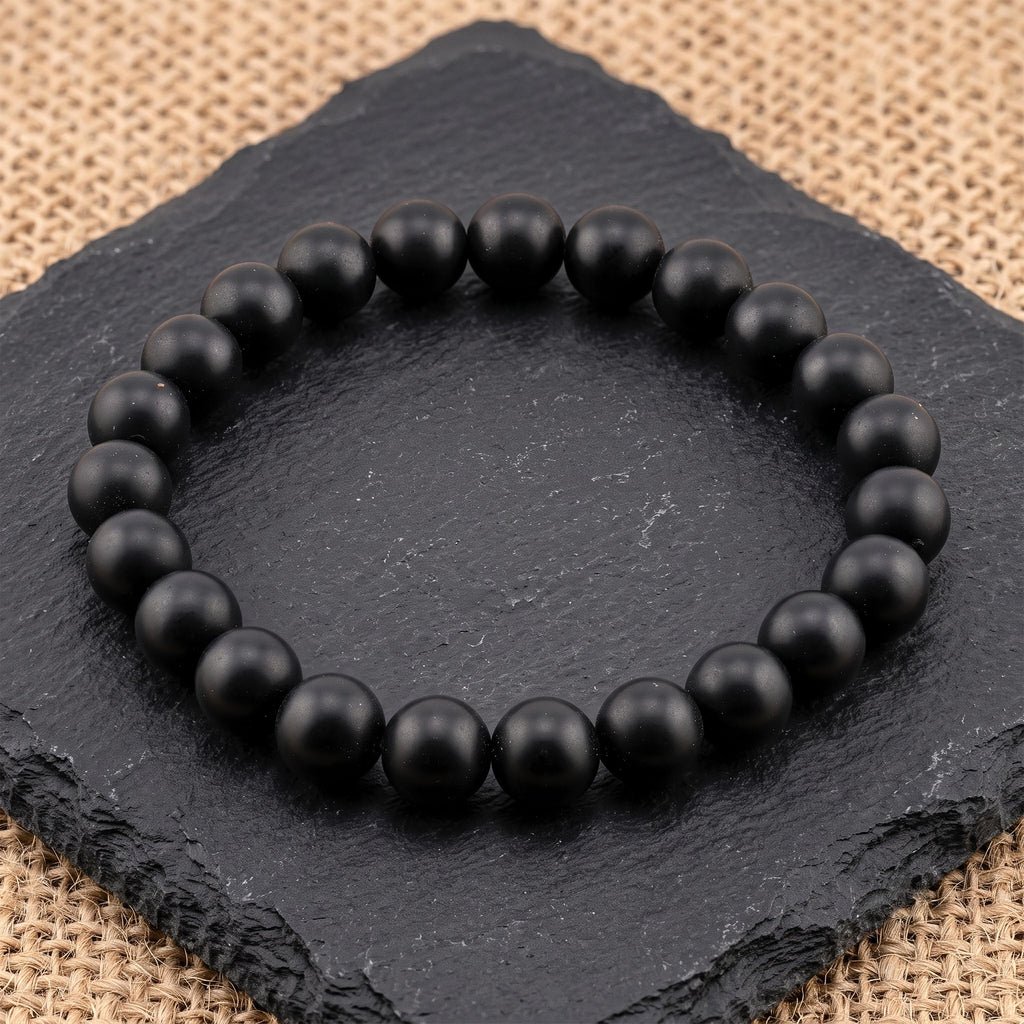 Matte Black Onyx Bracelet for Men, Natural Stone Stretch Bracelet, Monk Blessed | Artisan Equanimity