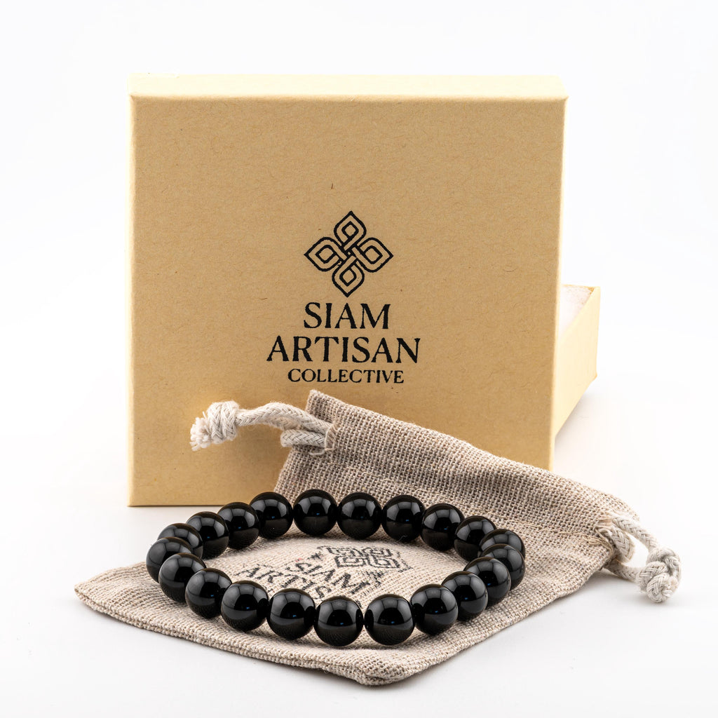 Black Onyx Bracelet for Men, Natural Stone Stretch Bracelet, Monk Blessed | Artisan Sanctuary
