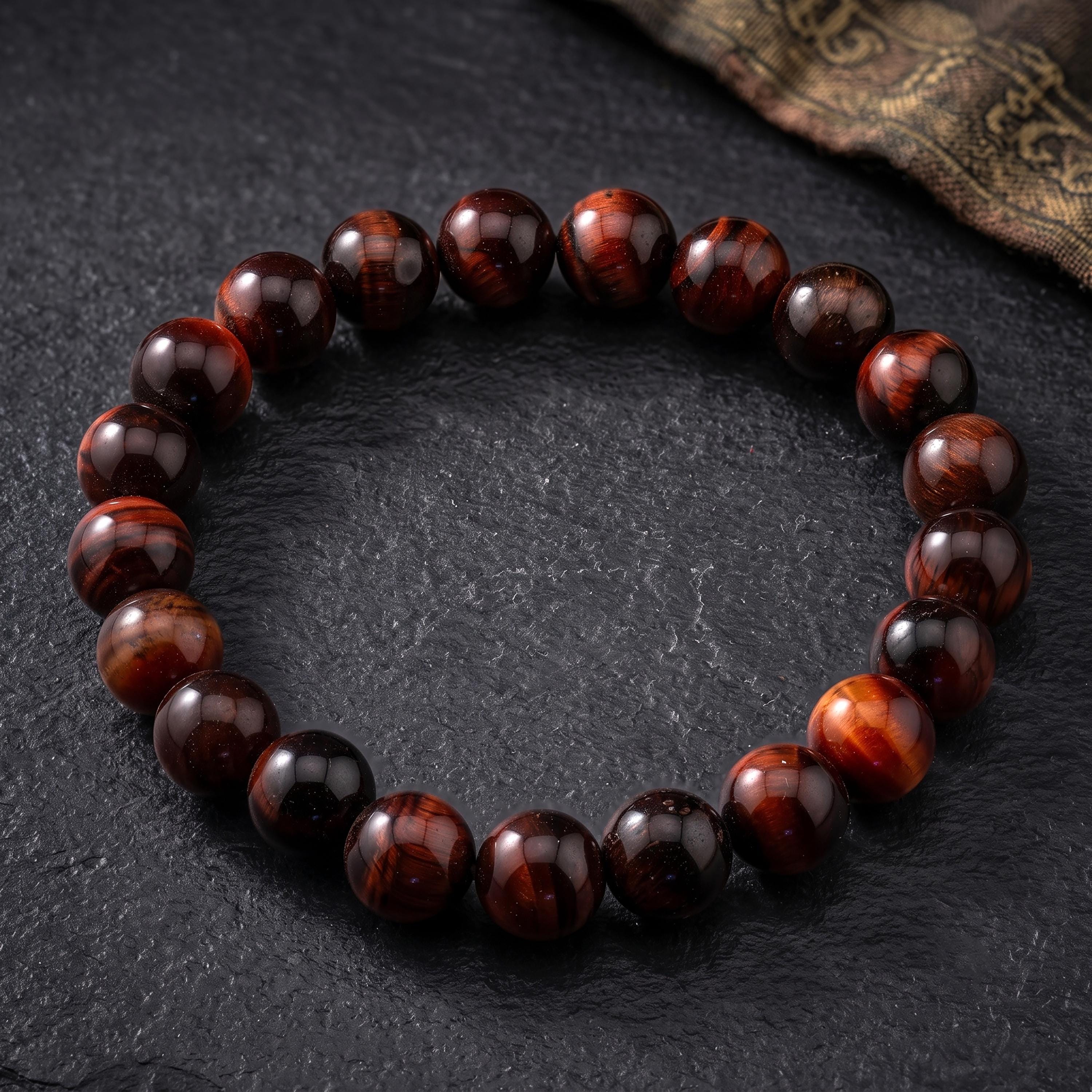 Red Tiger’s Eye Bracelet for Men, Natural Stone Stretch Bracelet, Monk Blessed | Artisan Phoenix