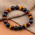 Three-Color Tiger’s Eye Bracelet for Men, Mixed Natural Stone Stretch Bracelet, Monk Blessed | Artisan Confluence