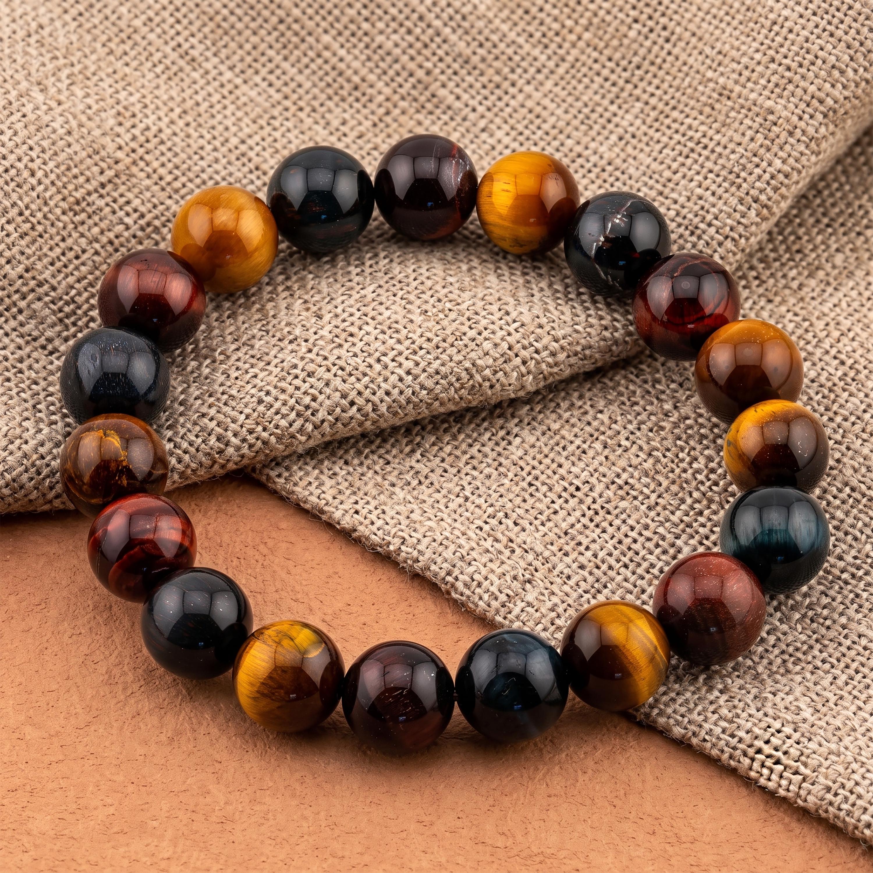 Three-Color Tiger’s Eye Bracelet for Men, Mixed Natural Stone Stretch Bracelet, Monk Blessed | Artisan Confluence