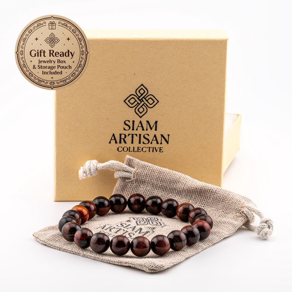 Red Tiger’s Eye Bracelet for Men, Natural Stone Stretch Bracelet, Monk Blessed | Artisan Phoenix