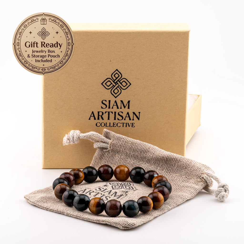 Three-Color Tiger’s Eye Bracelet for Men, Mixed Natural Stone Stretch Bracelet, Monk Blessed | Artisan Confluence