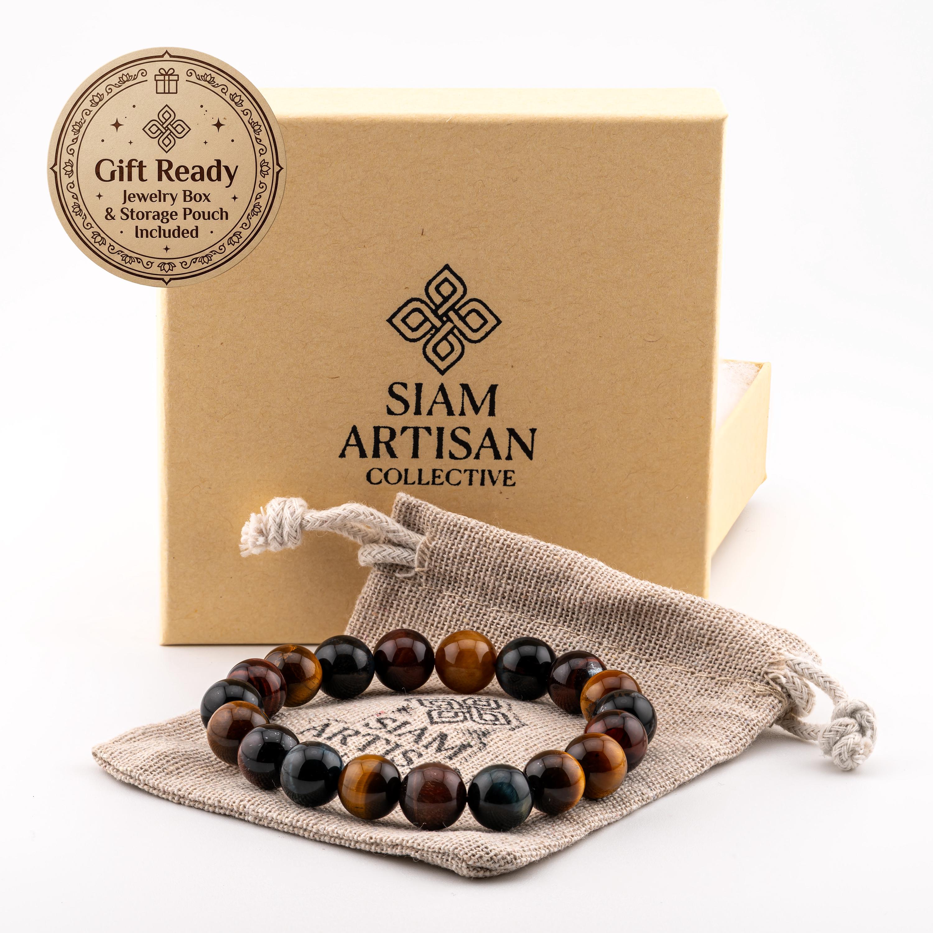 Three-Color Tiger’s Eye Bracelet for Men, Mixed Natural Stone Stretch Bracelet, Monk Blessed | Artisan Confluence