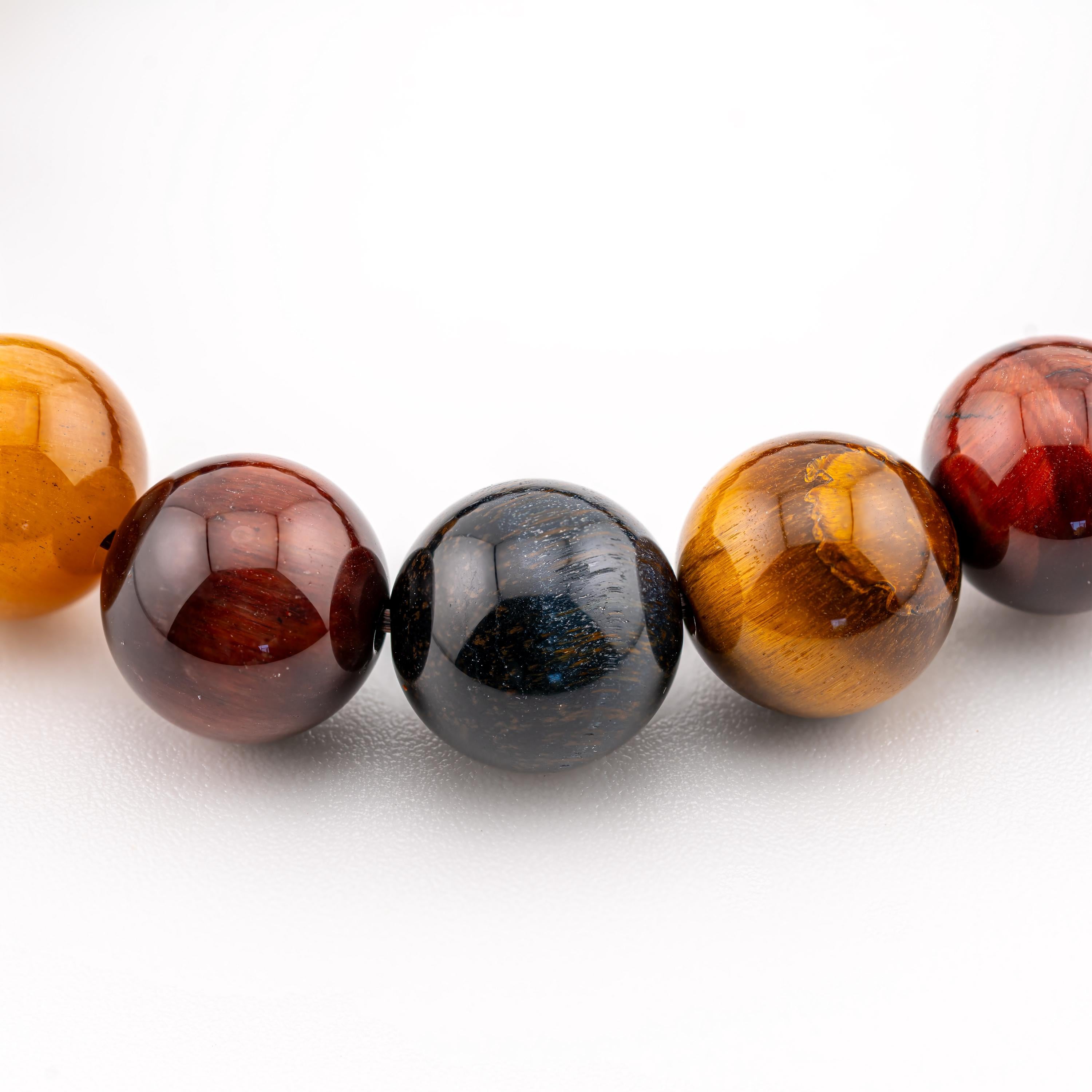 Three-Color Tiger’s Eye Bracelet for Men, Mixed Natural Stone Stretch Bracelet, Monk Blessed | Artisan Confluence