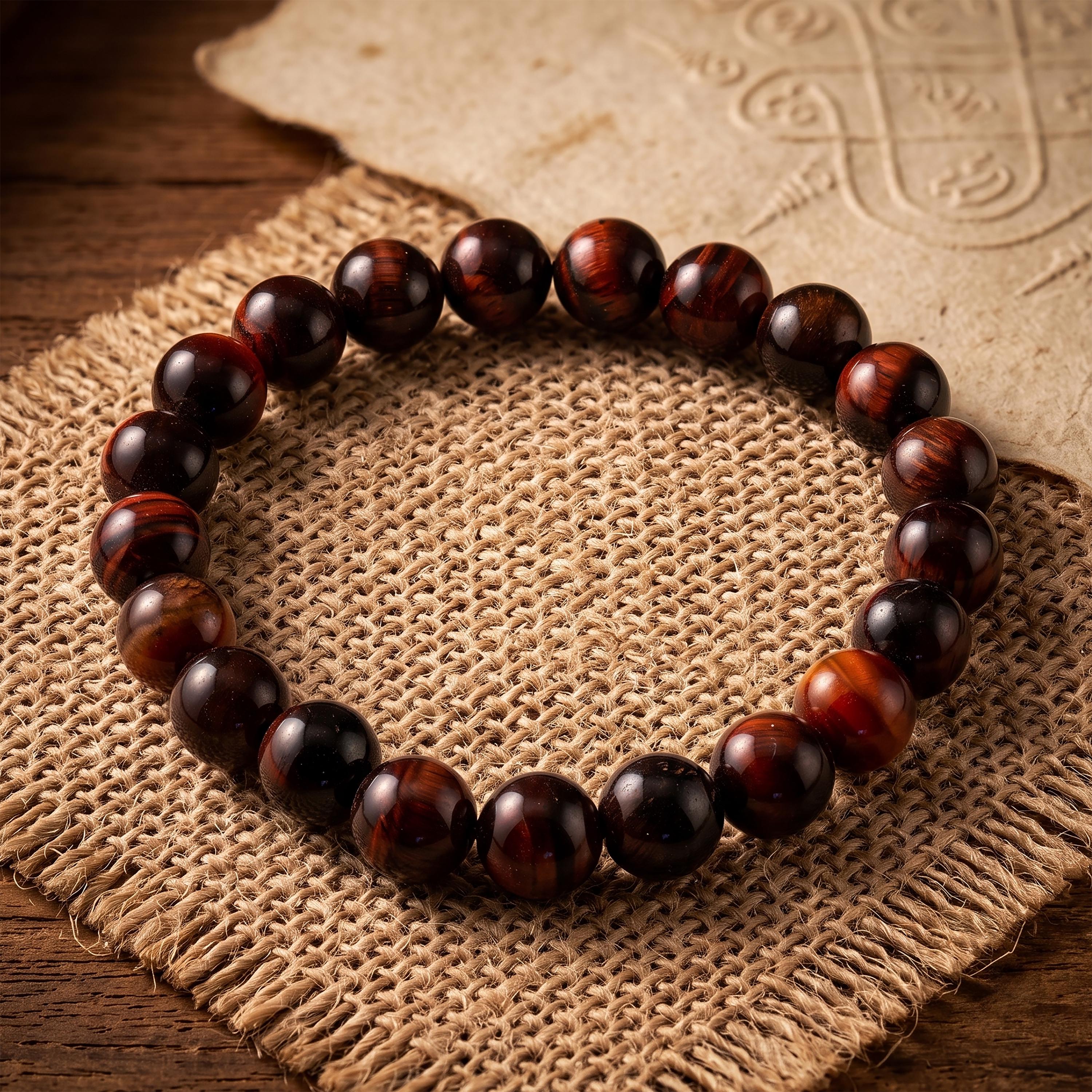 Red Tiger’s Eye Bracelet for Men, Natural Stone Stretch Bracelet, Monk Blessed | Artisan Phoenix