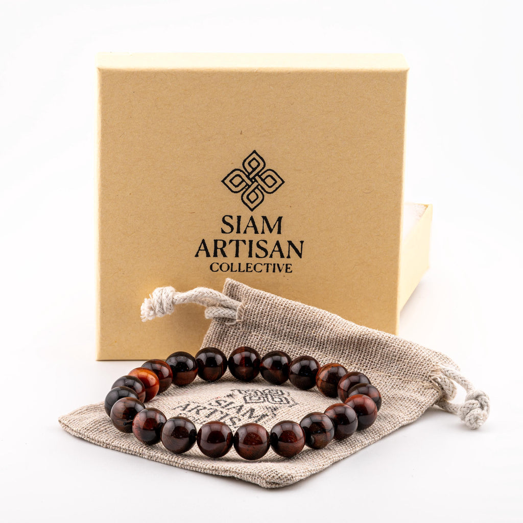 Red Tiger’s Eye Bracelet for Men, Natural Stone Stretch Bracelet, Monk Blessed | Artisan Phoenix
