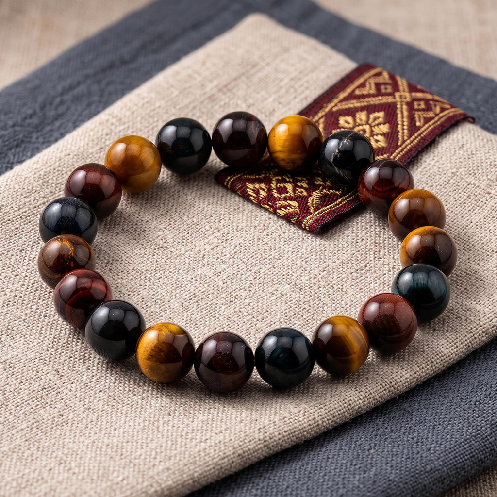 Three-Color Tiger’s Eye Bracelet for Men, Mixed Natural Stone Stretch Bracelet, Monk Blessed | Artisan Confluence