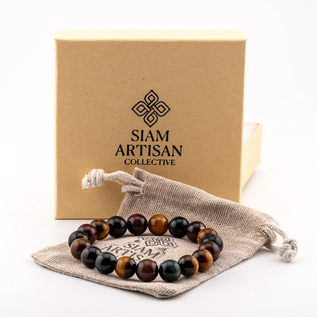 Three-Color Tiger’s Eye Bracelet for Men, Mixed Natural Stone Stretch Bracelet, Monk Blessed | Artisan Confluence