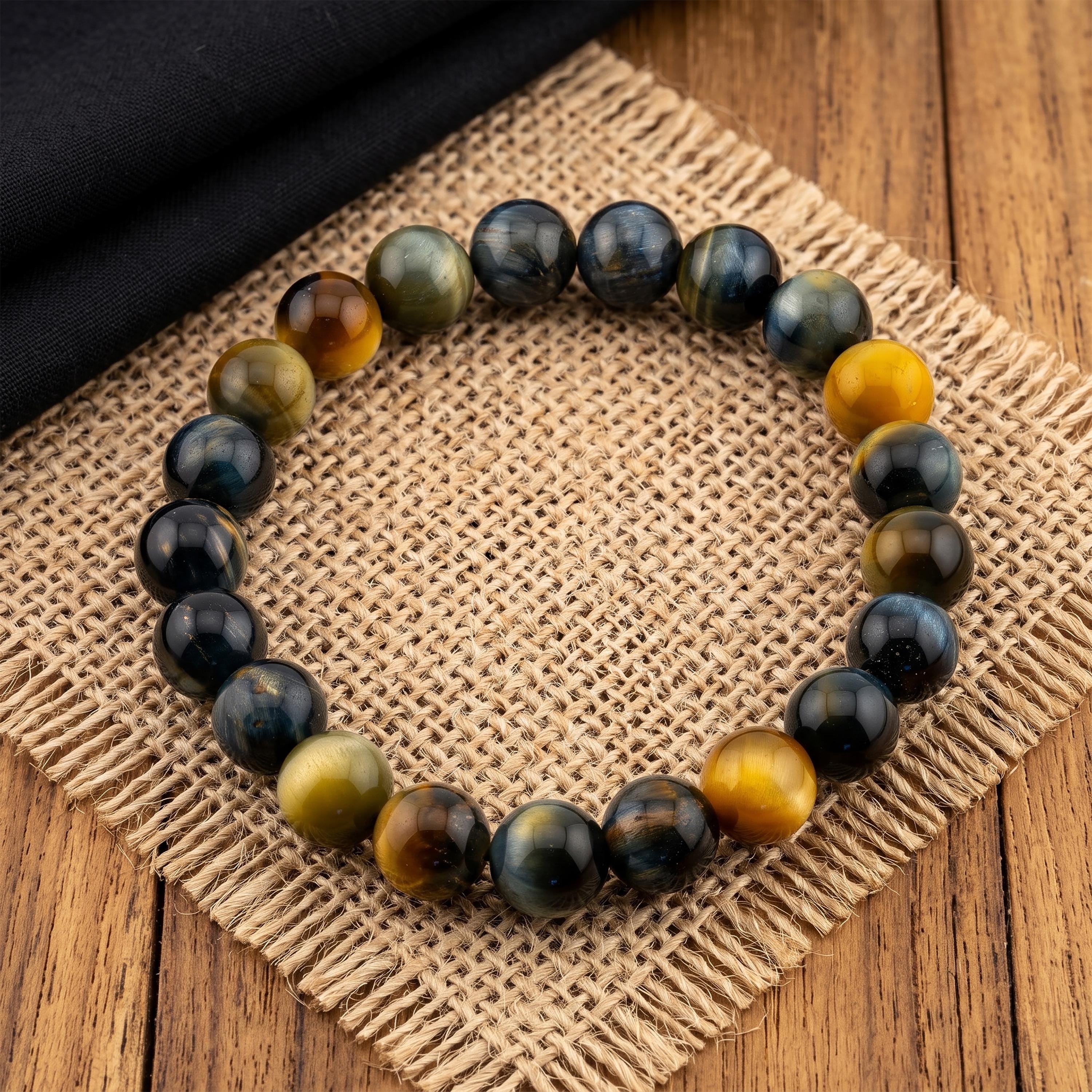 Golden Blue Tiger’s Eye Bracelet for Men, Natural Stone Stretch Bracelet, Monk Blessed | Artisan Equinox