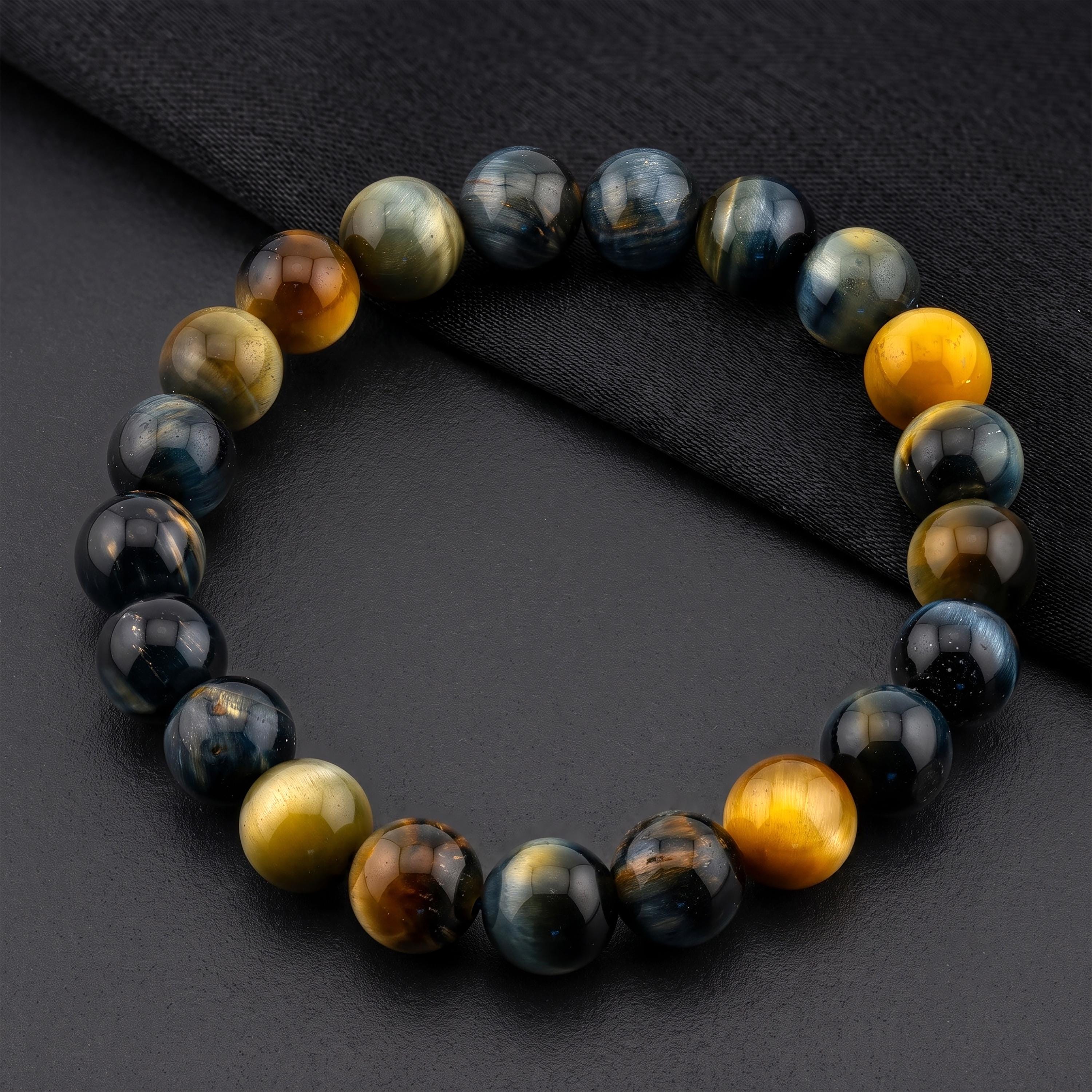 Golden Blue Tiger’s Eye Bracelet for Men, Natural Stone Stretch Bracelet, Monk Blessed | Artisan Equinox