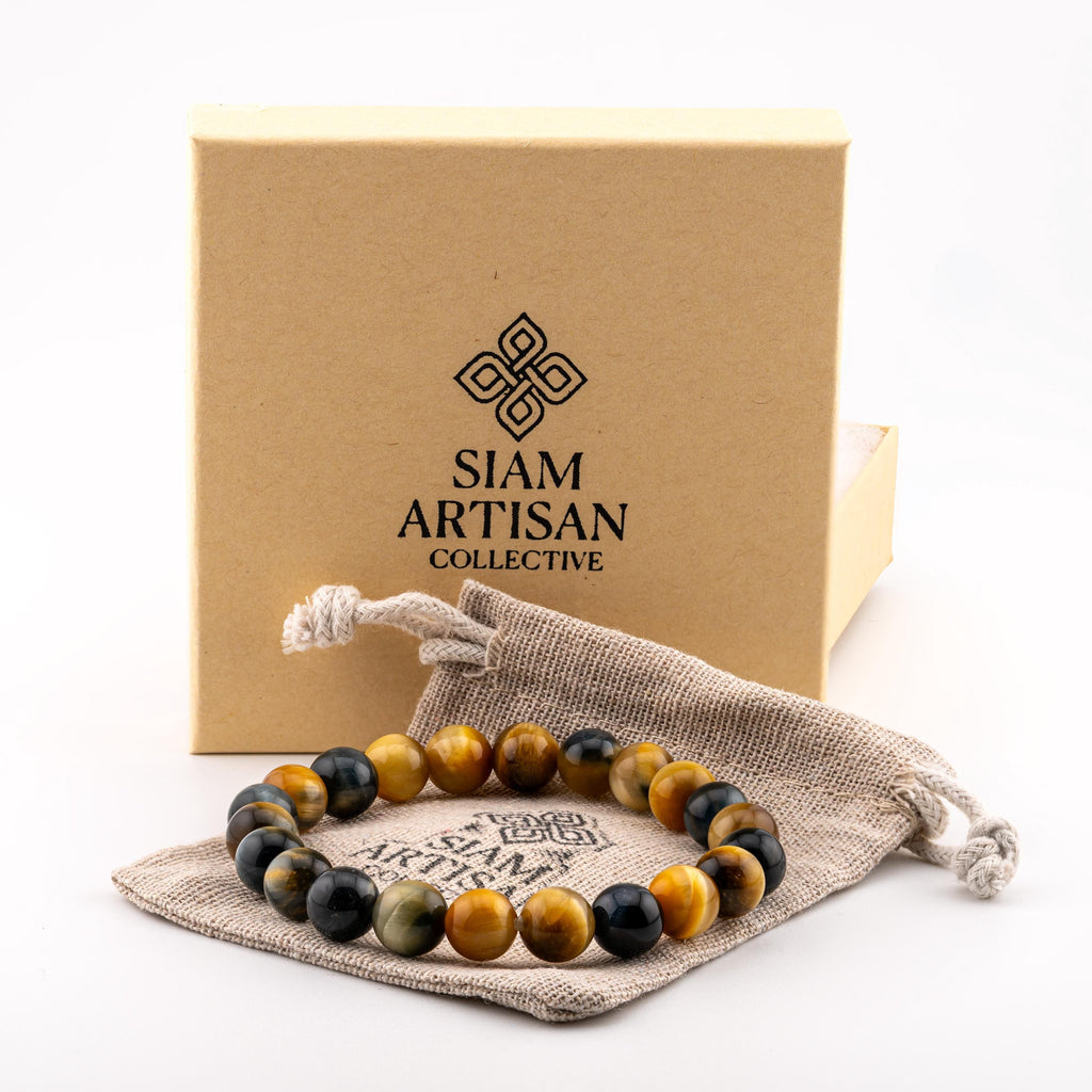 Golden Blue Tiger’s Eye Bracelet for Men, Natural Stone Stretch Bracelet, Monk Blessed | Artisan Equinox