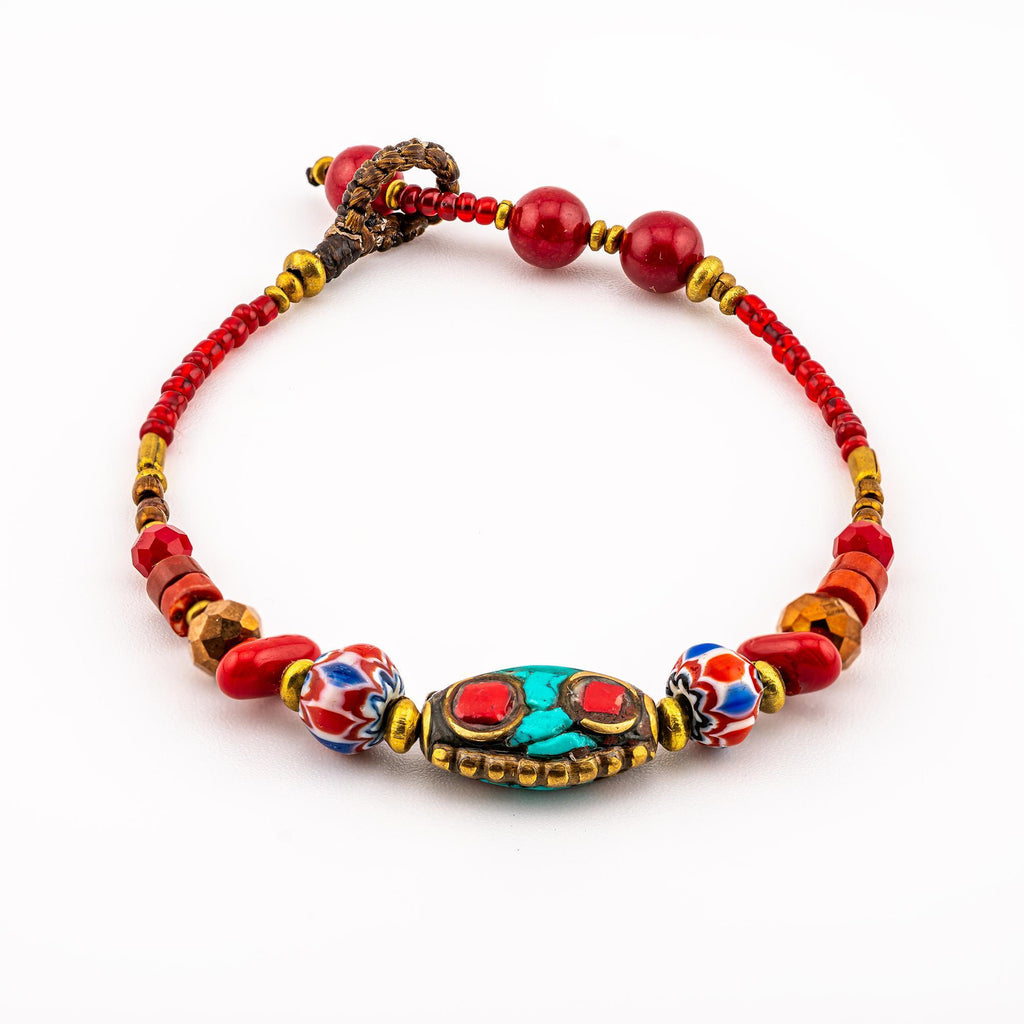Siam Artisan Collective™ Artisan Nomad™ Red & Turquoise - Thai Handmade Boho Bracelets for Women, Stackable Adjustable Handmade Jewelry