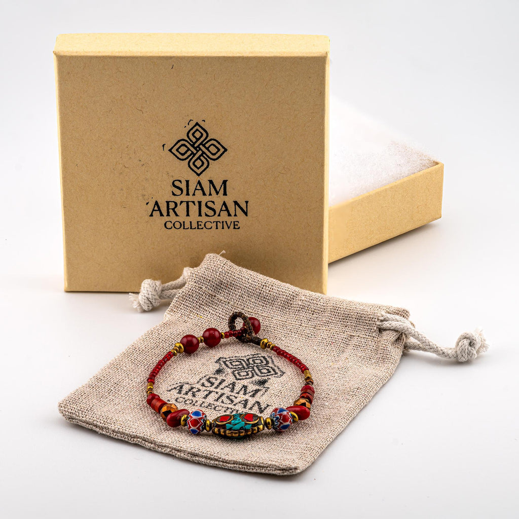 Siam Artisan Collective™ Artisan Nomad™ Red & Turquoise - Thai Handmade Boho Bracelets for Women, Stackable Adjustable Handmade Jewelry