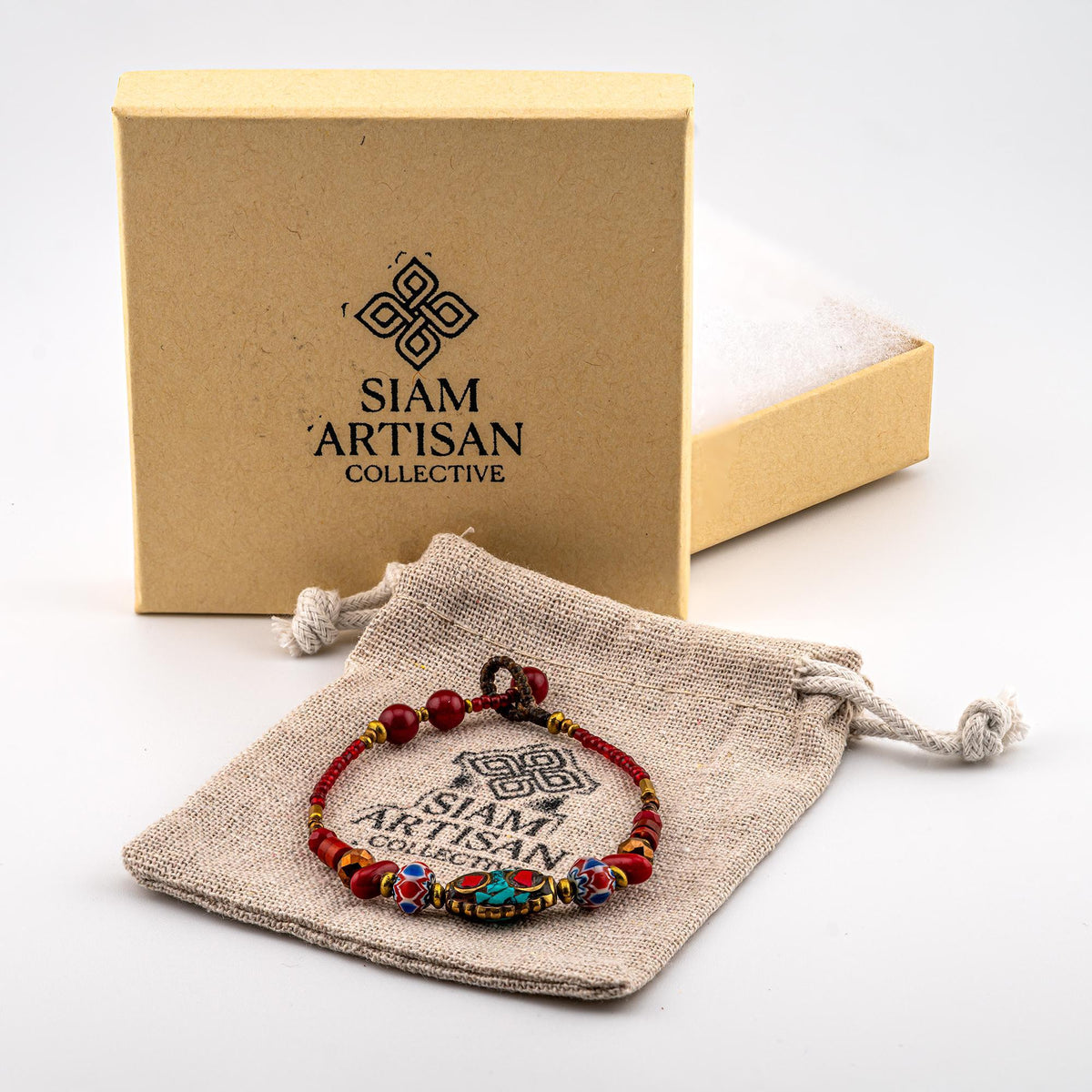 Siam Artisan Collective™ Artisan Nomad™ Red & Turquoise - Thai Handmade Boho Bracelets for Women, Stackable Adjustable Handmade Jewelry
