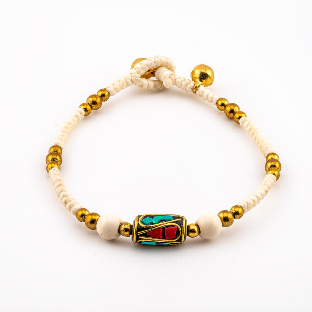 Siam Artisan Collective™ Artisan Nomad™ Handmade Boho Bracelet for Women – Cream Beads & Tibetan-Style Centerpiece – Hand-Knotted Wax Cord Toggle Clasp for Meditation & Mindfulness