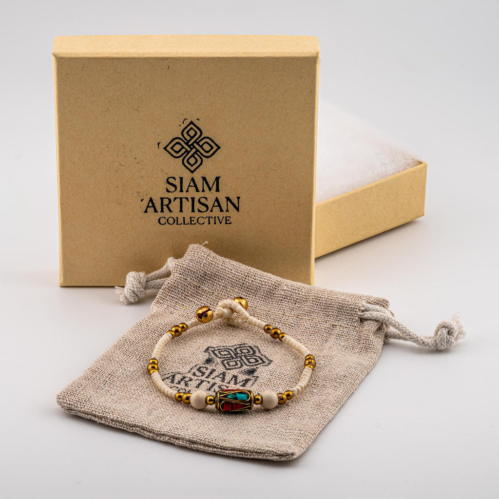 Siam Artisan Collective™ Artisan Nomad™ Handmade Boho Bracelet for Women – Cream Beads & Tibetan-Style Centerpiece – Hand-Knotted Wax Cord Toggle Clasp for Meditation & Mindfulness