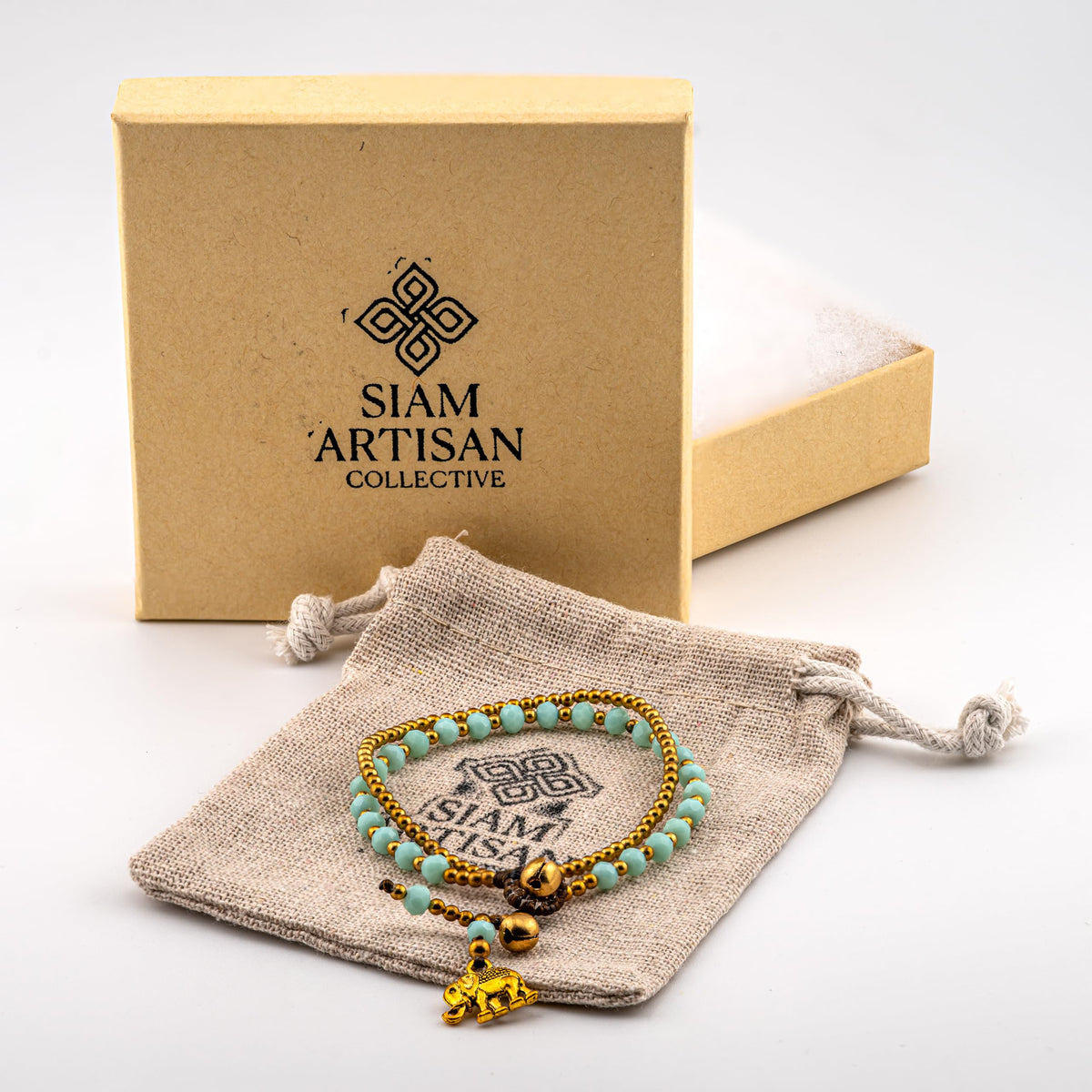 Siam Artisan Collective Boho Bracelet for Women – Mint Beaded Wrap Bracelet with Gold Accents & Elephant Charm – Handcrafted Thai Bohemian Jewelry – Layered Stackable Accessory