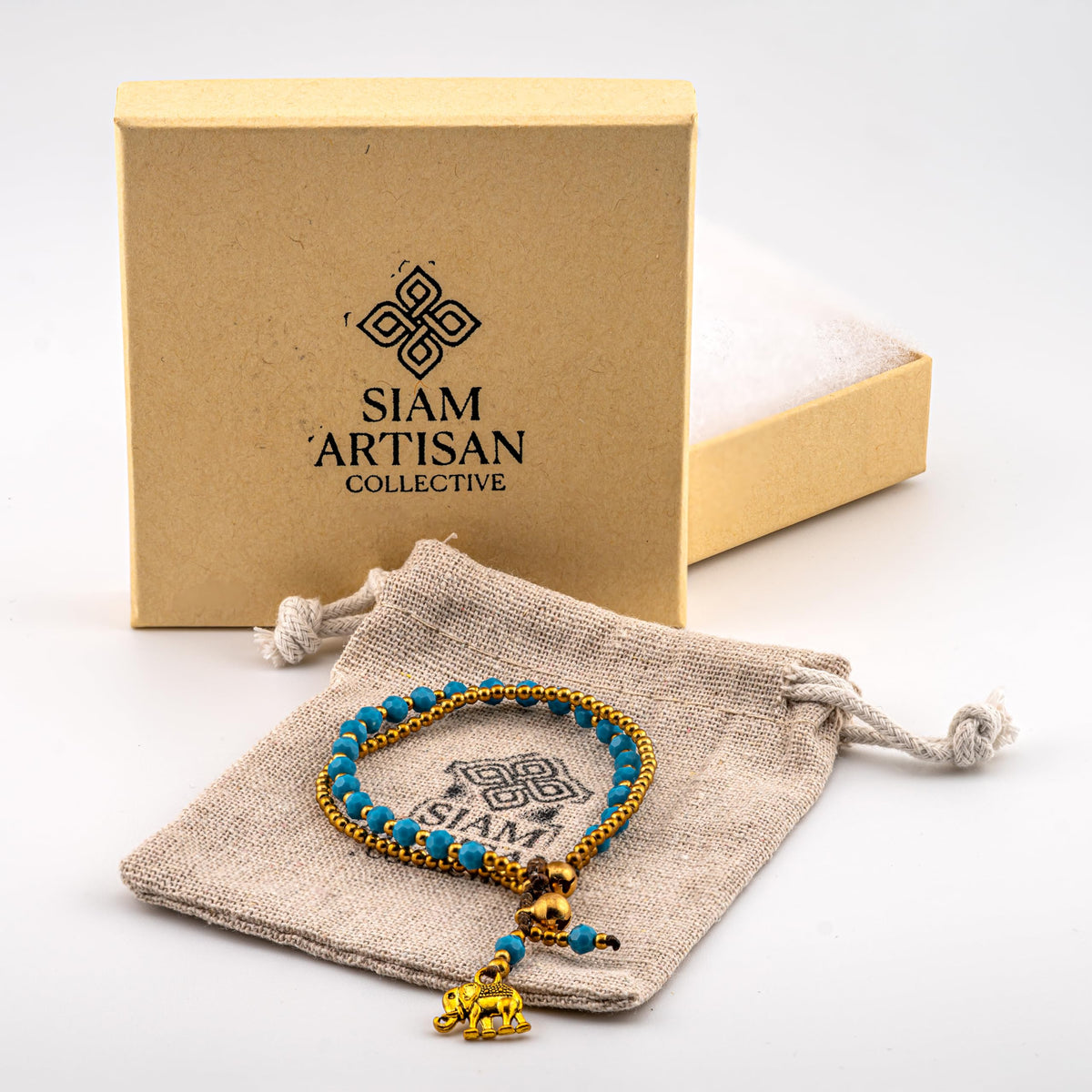 Siam Artisan Collective Boho Bracelet for Women – Turquoise-Style Beaded Wrap Bracelet with Gold Accents & Elephant Charm – Handcrafted Thai Bohemian Jewelry – Layered Stacking Accessory
