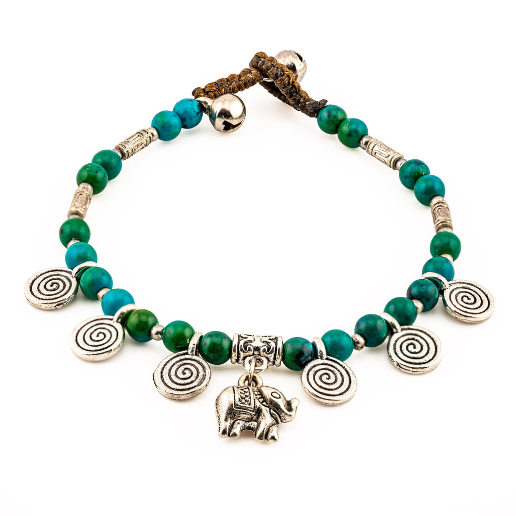 Siam Artisan Collective Boho Charm Bracelet for Women – Blue & Green Beaded Bracelet with Silver Spiral Charms and Elephant Pendant – Handmade Thai Bohemian Jewelry