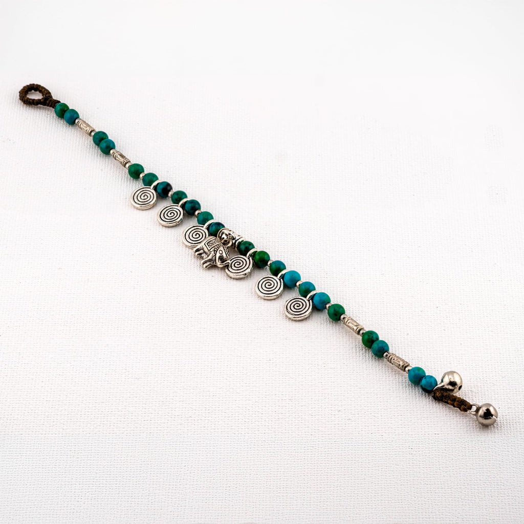 Siam Artisan Collective Boho Charm Bracelet for Women – Blue & Green Beaded Bracelet with Silver Spiral Charms and Elephant Pendant – Handmade Thai Bohemian Jewelry