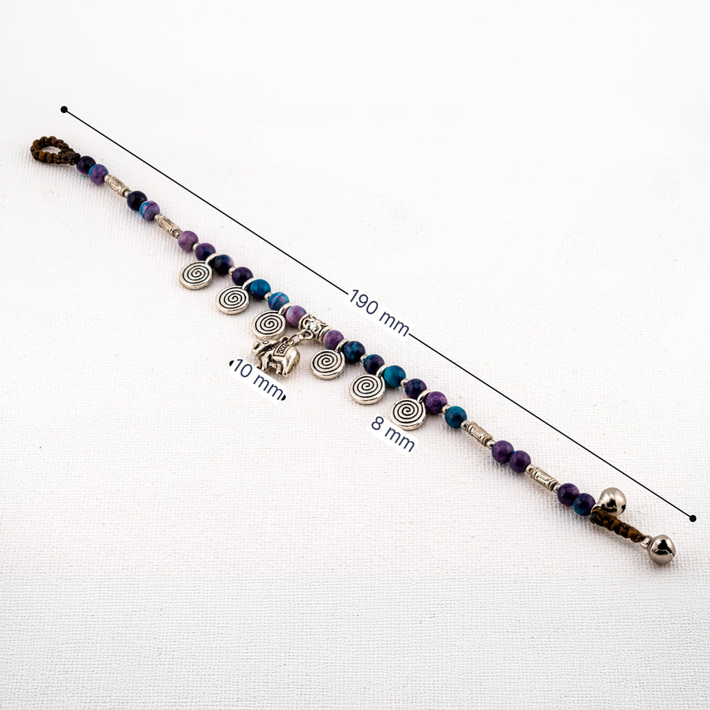 Siam Artisan Collective Boho Bracelet for Women – Purple & Teal Stone Beads with Elephant & Spiral Charms – Handcrafted Thai Bohemian Jewelry – Colorful Festival & Stacking Accessory