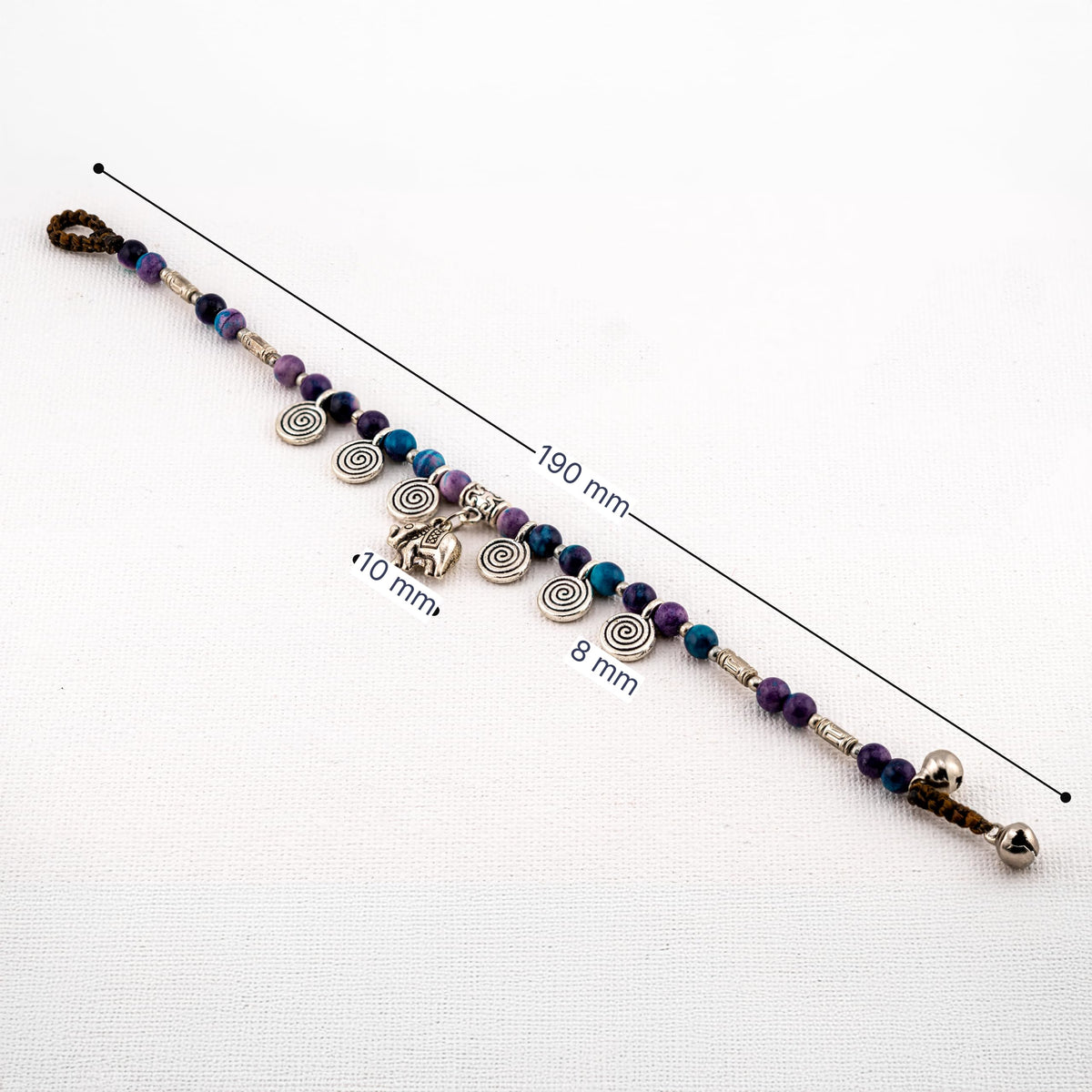 Siam Artisan Collective Boho Bracelet for Women – Purple & Teal Stone Beads with Elephant & Spiral Charms – Handcrafted Thai Bohemian Jewelry – Colorful Festival & Stacking Accessory