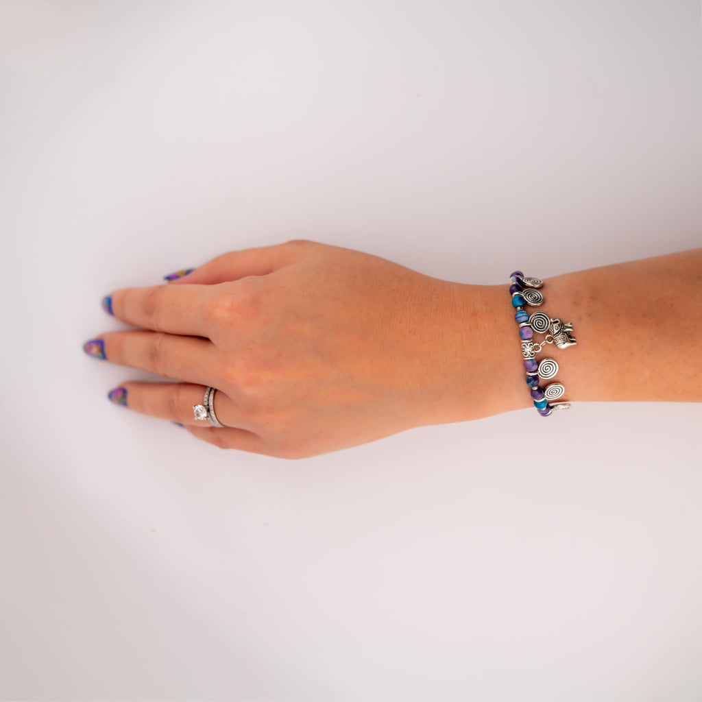 Siam Artisan Collective Boho Bracelet for Women – Purple & Teal Stone Beads with Elephant & Spiral Charms – Handcrafted Thai Bohemian Jewelry – Colorful Festival & Stacking Accessory