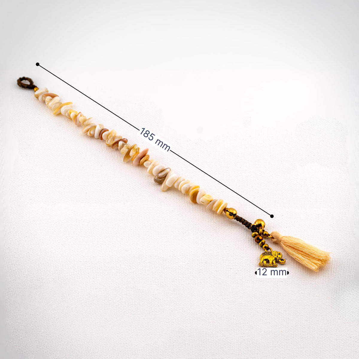 Siam Artisan Collective Boho Bracelet for Women – Natural Beige Chip Beads with Gold Accents, Tassel & Elephant Charm – Handcrafted Thai Bohemian Jewelry – Neutral Beach & Stacking Accessory