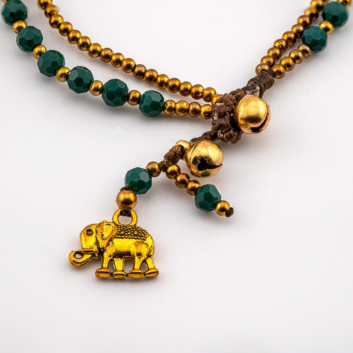 Siam Artisan Collective Boho Bracelet for Women – Green Beaded Wrap Bracelet with Gold Accents & Elephant Charm – Handcrafted Thai Bohemian Jewelry – Layered Stackable Accessory
