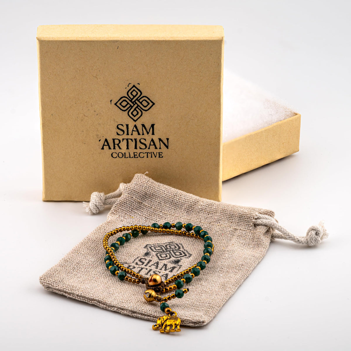 Siam Artisan Collective Boho Bracelet for Women – Green Beaded Wrap Bracelet with Gold Accents & Elephant Charm – Handcrafted Thai Bohemian Jewelry – Layered Stackable Accessory