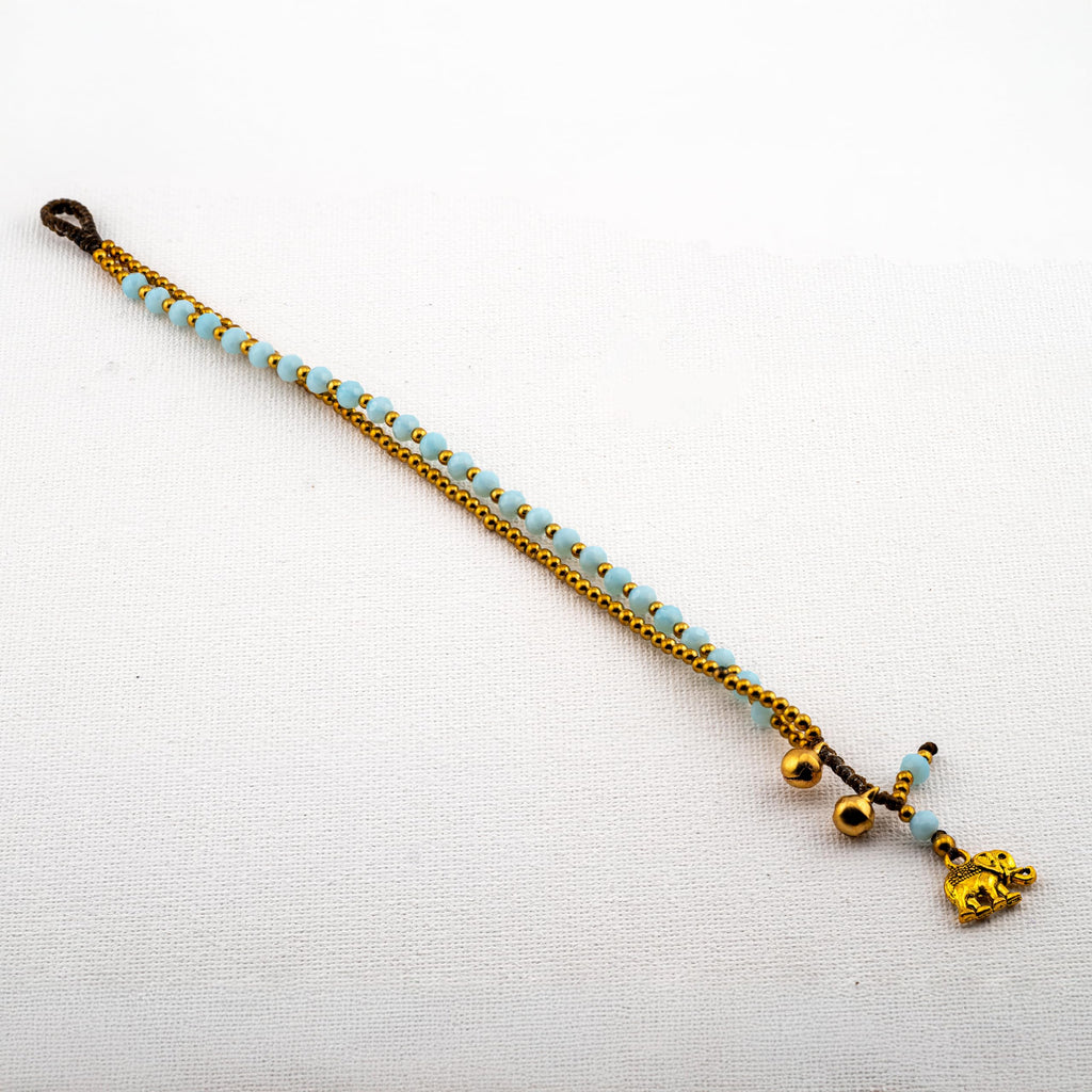 Siam Artisan Collective Boho Bracelet for Women – Light Blue Beaded Wrap Bracelet with Gold Accents & Elephant Charm – Handcrafted Thai Bohemian Jewelry – Layered Stackable Accessory