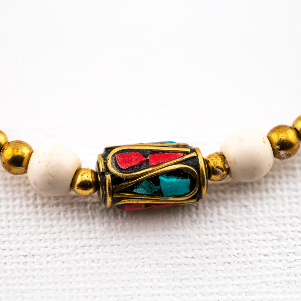 Artisan Nomad™ Beaded Bracelet – Handmade Cream Cord Boho Jewelry with Turquoise & Coral Inlay Centerpiece
