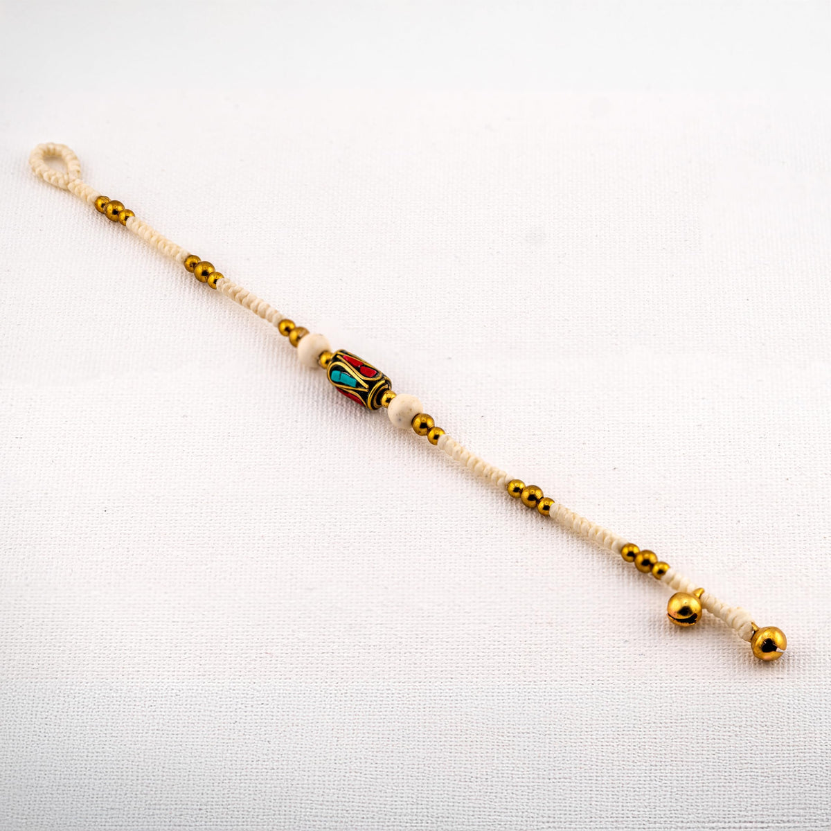 Artisan Nomad™ Beaded Bracelet – Handmade Cream Cord Boho Jewelry with Turquoise & Coral Inlay Centerpiece