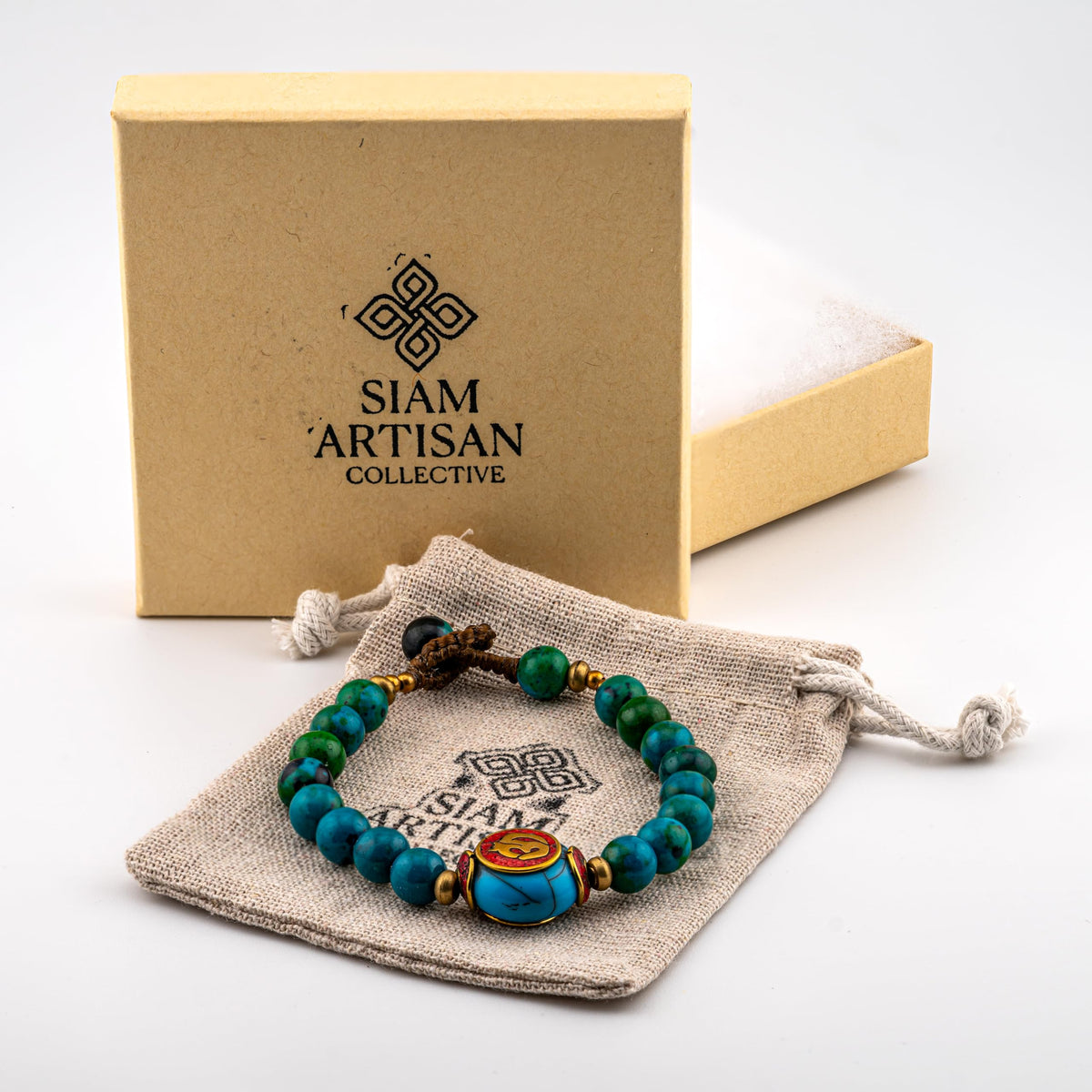 Artisan Mantra™ Turquoise Beaded Bracelet – Handmade Boho Jewelry with Tibetan Symbol Center Bead