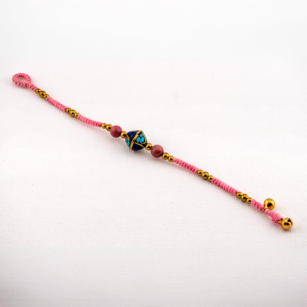 Artisan Bloom™ Pink Cord Bracelet – Handmade Boho Jewelry with Turquoise Inlay Center Bead & Gold Accents