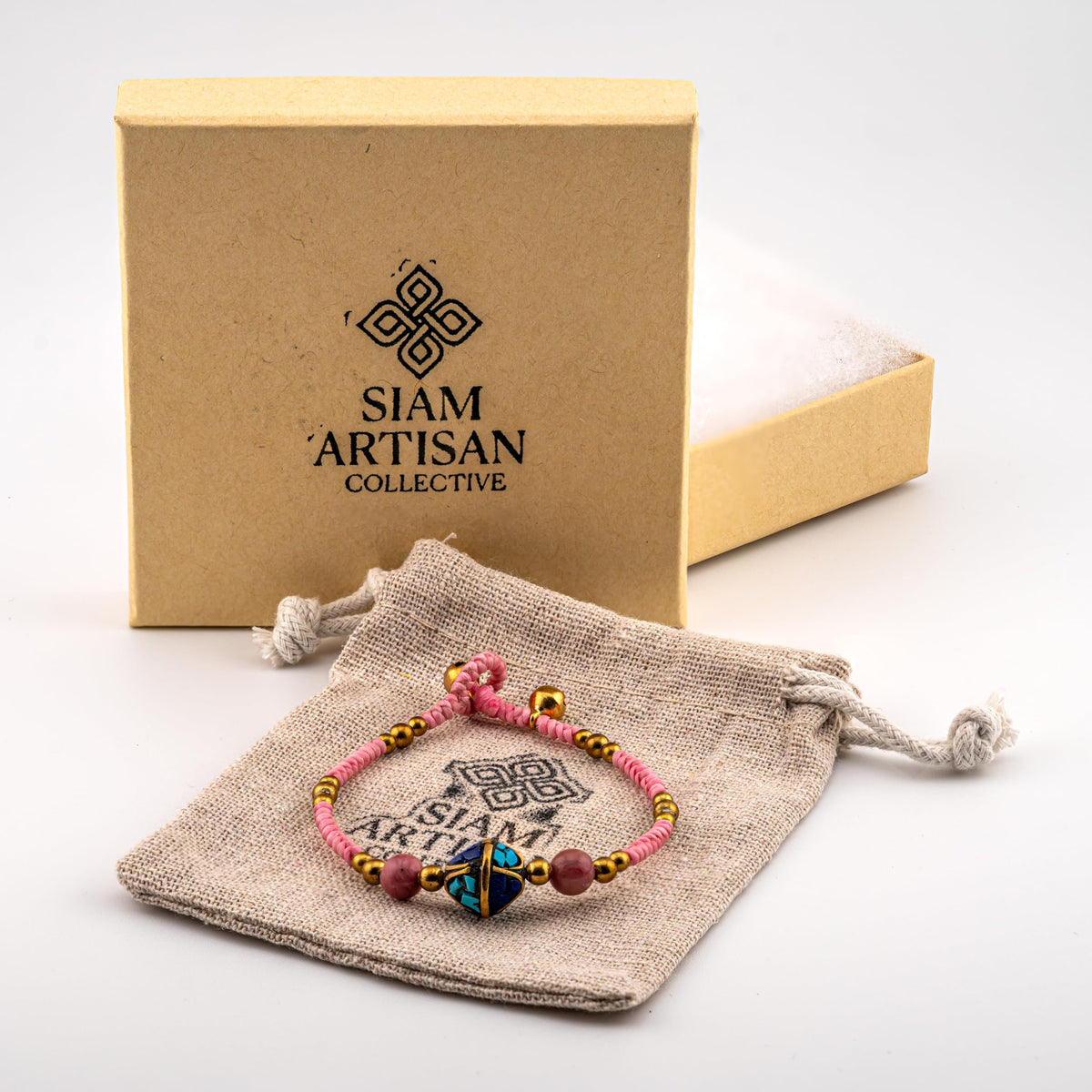 Artisan Bloom™ Pink Cord Bracelet – Handmade Boho Jewelry with Turquoise Inlay Center Bead & Gold Accents