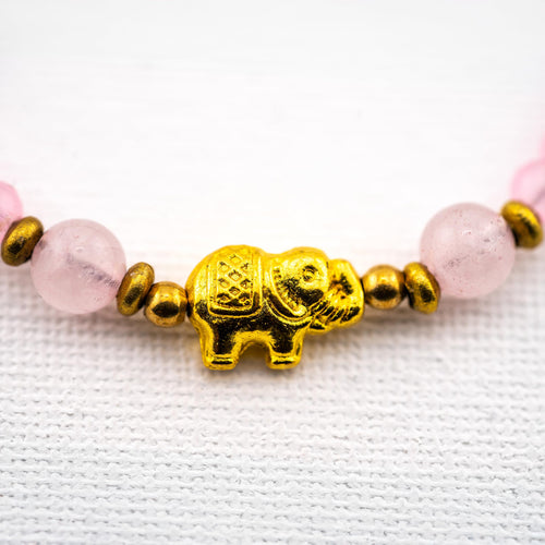 Artisan Grace™ Rose Quartz Elephant Bracelet – Handmade Boho Jewelry with Gold Elephant Charm & Brass Beads