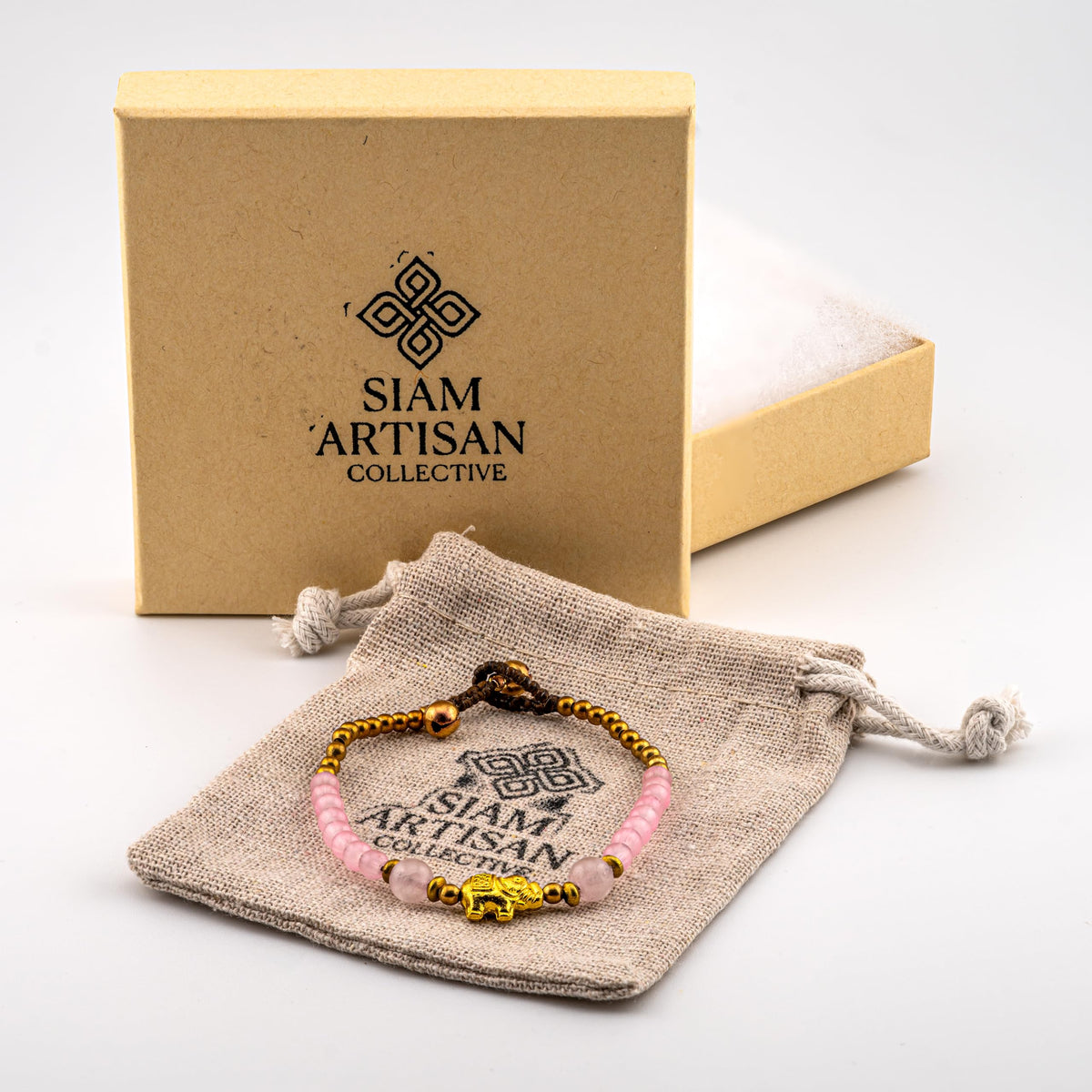 Artisan Grace™ Rose Quartz Elephant Bracelet – Handmade Boho Jewelry with Gold Elephant Charm & Brass Beads