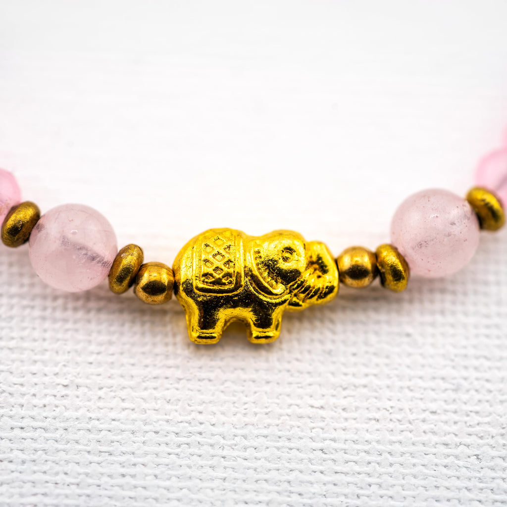 Artisan Grace™ Rose Quartz Elephant Bracelet – Handmade Boho Jewelry with Gold Elephant Charm & Brass Beads