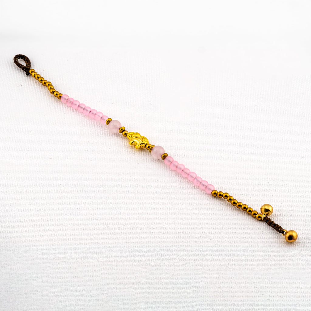 Artisan Grace™ Rose Quartz Elephant Bracelet – Handmade Boho Jewelry with Gold Elephant Charm & Brass Beads