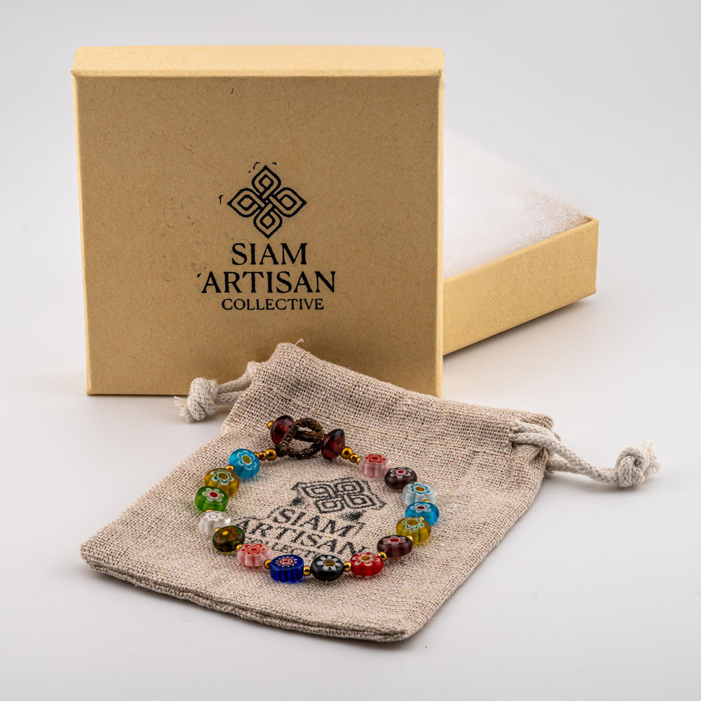 Artisan Petals™ Millefiori Glass Bead Bracelet – Handmade Boho Jewelry, Colorful Floral Beads for Women